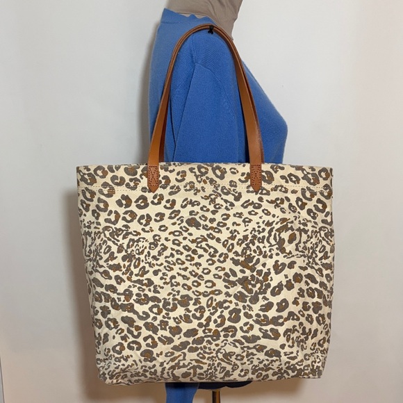 Madewell The Canvas Transport Tote Leopard Print Bag Leather Handles
